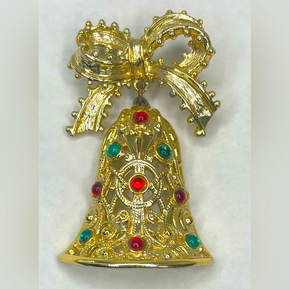Vintage Tancer II Holiday Bell with Bow and Rhinestones Brooch - Picture 1 of 5